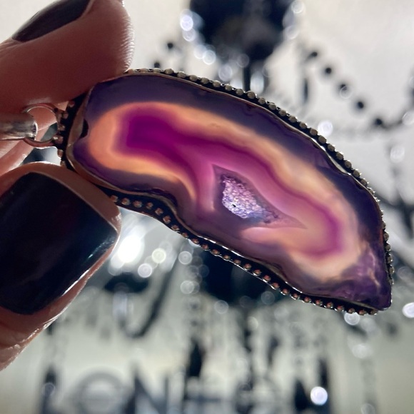 925 sterling silver overlay Purple agate slice gemstone charm boho necklace . - Picture 13 of 16